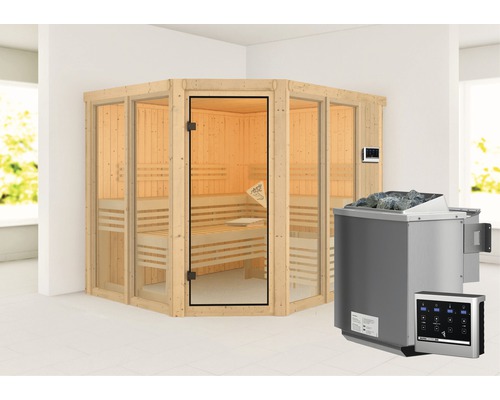 Sauna modulaire Karibu Mandos 3 avec poêle bio 9 kW et commande externe, sans couronne, avec portes entièrement vitrées couleur bronze