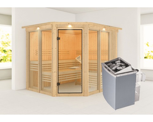 Sauna modulaire Karibu Mandos 3 avec poêle 9 kW et commande intégrée, avec couronne et portes entièrement vitrées couleur bronze