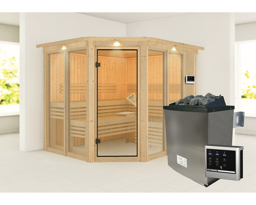 Sauna modulaire Karibu Mandos 3 avec poêle 9 kW et commande externe, avec couronne et portes entièrement vitrées couleur bronze