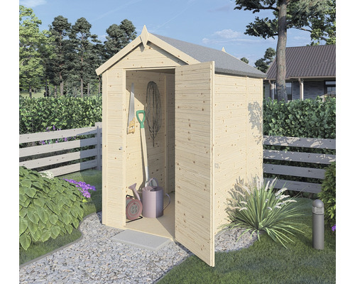 Gartenschuppen aus Holz mit geöffneter Tür und Gartengeräten