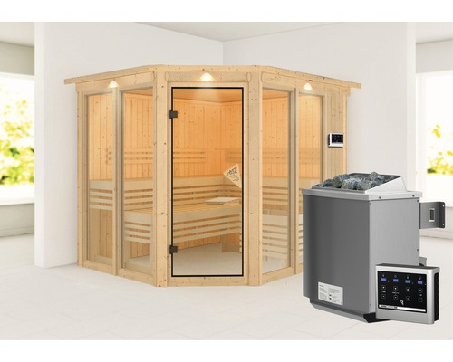 Sauna modulaire Karibu Mandos 3 avec poêle bio 9 kW et commande externe, avec couronne et portes entièrement vitrées couleur bronze