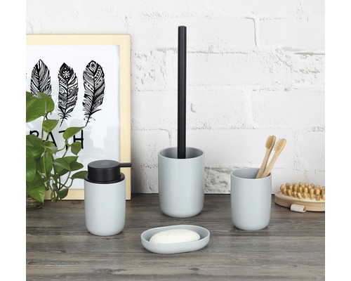 Ensemble d''accessoires de salle de bains avec distributeur de savon, porte-savon, gobelet pour brosses à dents et support pour brosse de toilette.