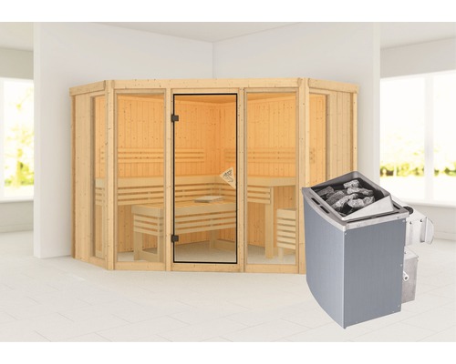 Sauna modulaire Karibu Armira 2 avec poêle 9 kW et commande intégrée, sans couronne, avec baie vitrée