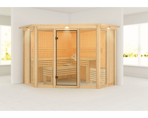 Sauna modulaire Karibu Armira 2 sans poêle, avec couronne et baie vitrée
