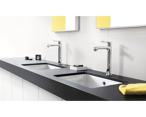 Salle de bains avec meuble-lavabo, deux lavabos et deux robinets