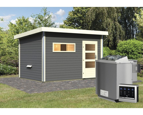 Chalet sauna Karibu Skrollano 3 avec poêle bio 9 kW et commande ext. avec vestibule et porte en bois avec verre à isolation thermique gris terre/blanc