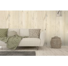 Wohnzimmer mit Sofa, Kissen, Decke und Holzverkleidung