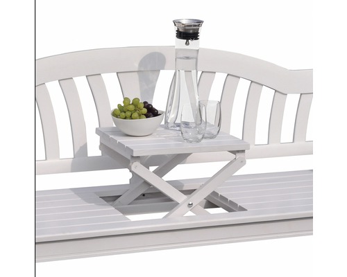 Gartenbank mit integriertem Tisch, Karaffe, Gläsern und Obstschale