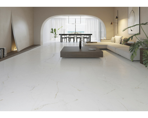 Salon lumineux avec carrelage aspect marbre, canapé, table basse et cheminée