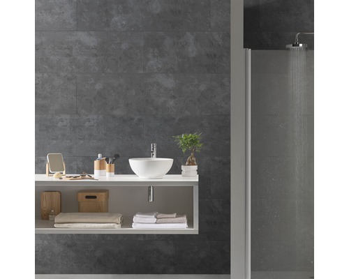 Salle de bains moderne avec meuble-lavabo, vasque à poser et douche.