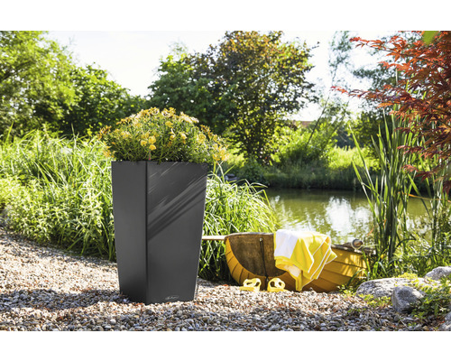 Haut bac à plantes carré avec des fleurs jaunes dans un jardin avec un étang