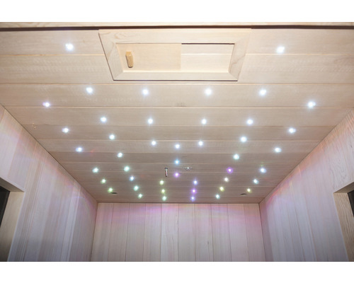 Intérieur d''un sauna avec des panneaux en bois et un éclairage au plafond