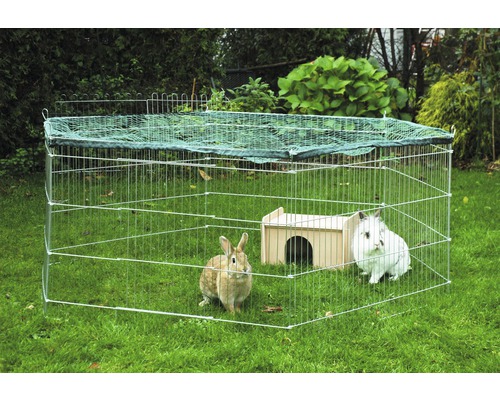 Enclos extérieur avec toit en filet et deux lapins dans le jardin