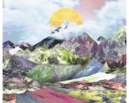 Papier peint panoramique intissé 6017A-VD3 Mountain Top 3 pces 300 x 250 cm Illustration d''un paysage de montagne avec soleil