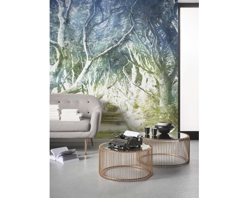 Scène avec papier peint photo d''un chemin forestier, canapé et deux tables