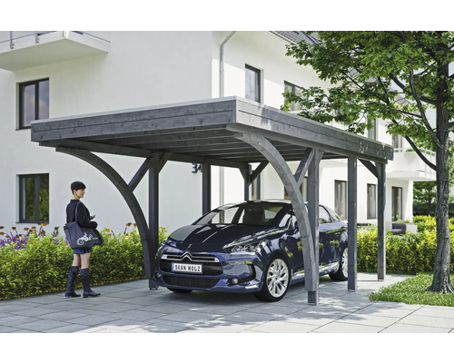 Carport simple SKAN HOLZ Friesland Set 6 avec panneaux de toiture en aluminium, 2 arches de passage, ancrage pour poteaux H 314 x 555 cm gris