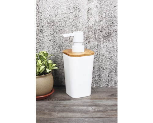 Distributeur de savon blanc avec couvercle en bambou