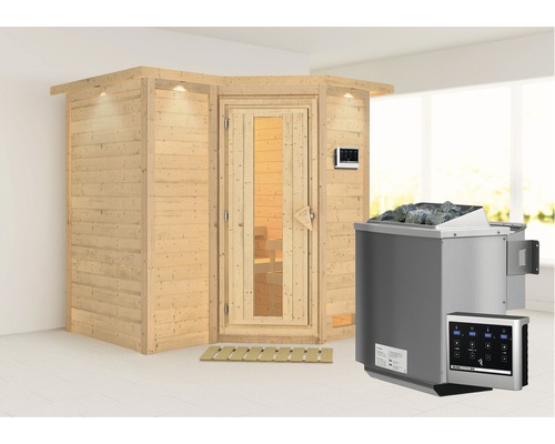 Sauna en bois massif Karibu Melanit 1 avec poêle bio 9 kW et commande externe, avec couronne et portes en bois avec verre à isolation thermique