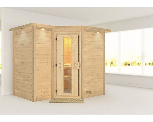 Sauna en bois massif Karibu Melanit 2 sans poêle, avec couronne et portes en bois avec verre à isolation thermique