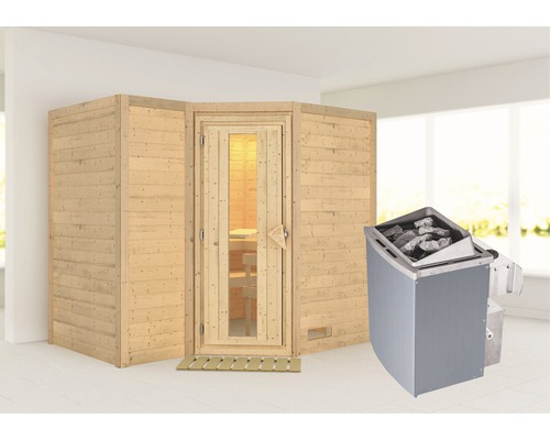 Sauna en bois massif Karibu Melanit 2 avec poêle 9 kW et commande intégrée, sans couronne, avec portes en bois avec verre à isolation thermique
