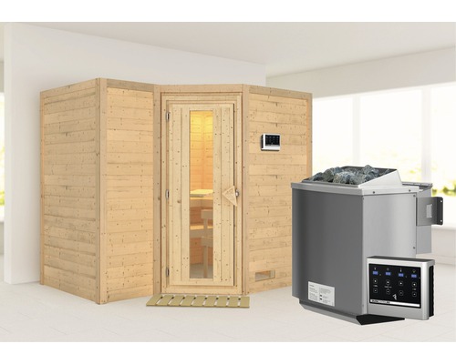 Massivholzsauna Karibu Melanit 2 inkl. 9 kW Bio Ofen u.ext.Steuerung ohne Dachkranz mit Holztüre und Isolierglas wärmegedämmt