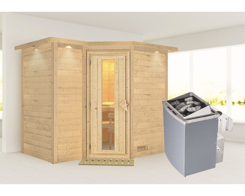 Sauna en bois massif Karibu Melanit 2 avec poêle 9 kW et commande intégrée, avec couronne et portes en bois avec verre à isolation thermique