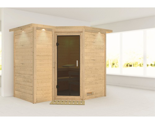 Sauna modulaire Karibu Melanit 2 sans poêle, avec couronne et portes entièrement vitrées couleur bronze