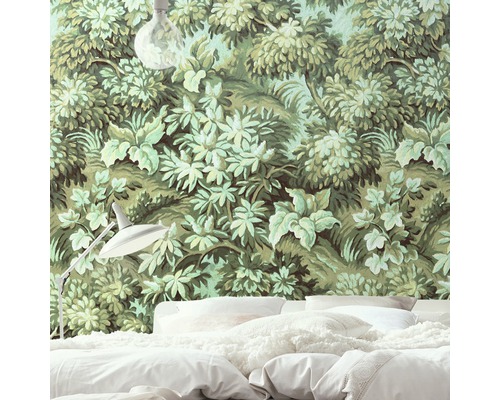Chambre à coucher avec papier peint botanique à motif de forêt