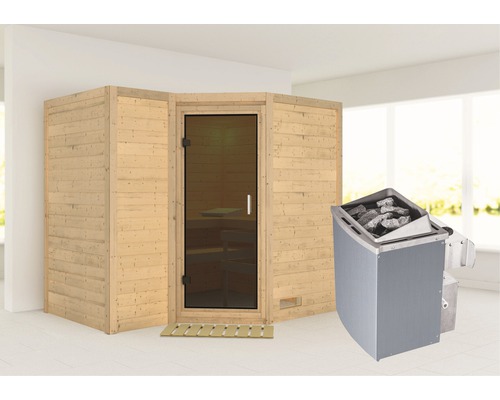 Sauna en bois massif Karibu Melanit 2 avec poêle 9 kW et commande intégrée, sans couronne, avec portes entièrement vitrées couleur graphite