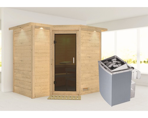 Sauna modulaire Karibu Melanit 2 avec poêle 9 kW et commande intégrée, avec couronne et portes entièrement vitrées couleur bronze