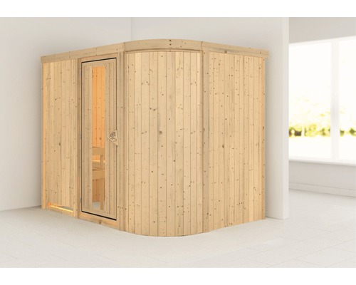 Sauna modulaire Karibu Korall IV sans poêle ni couronne, avec portes en bois avec verre à isolation thermique