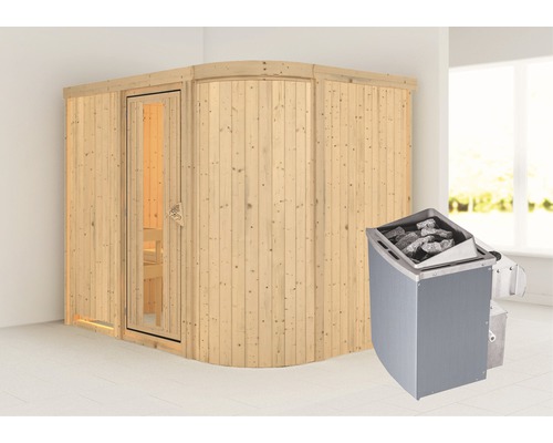 Sauna modulaire Karibu Korall IV avec poêle 9 kW et commande intégrée, sans couronne, avec portes en bois avec verre à isolation thermique