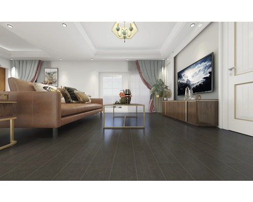 Salon avec canapé marron, table basse et sol stratifié foncé.