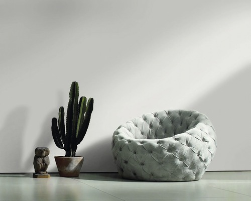 Scène avec un fauteuil rembourré rond, un cactus en pot et une petite sculpture