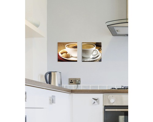 Tableau mural en deux parties avec motif de tasse à café dans une cuisine