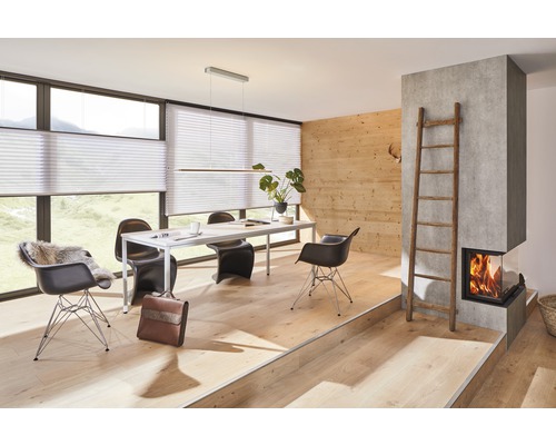 Espace de vie lumineux avec stores plissés, table à manger, chaises et cheminée