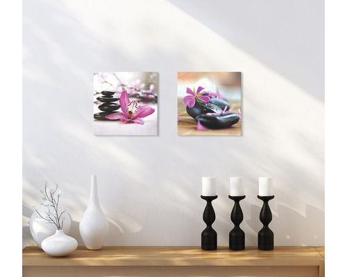 Zwei Wandbilder mit Stein- und Blumenmotiven über einem Regal mit Dekoration