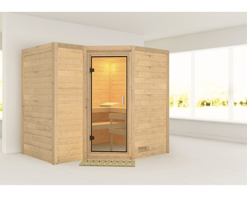 Sauna en bois massif Karibu Melanit 2 sans poêle ni couronne, avec portes entièrement vitrées en verre transparent