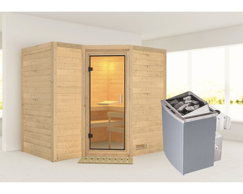 Sauna en bois massif Karibu Melanit 2 avec poêle 9 kW et commande intégrée, sans couronne, avec portes entièrement vitrées en verre transparent