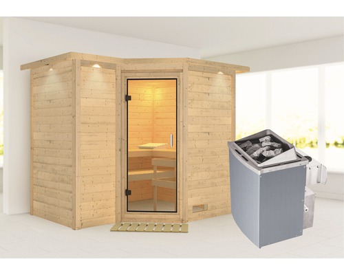 Sauna modulaire Karibu Melanit 2 avec poêle 9 kW et commande intégrée, avec couronne et portes entièrement vitrées en verre transparent