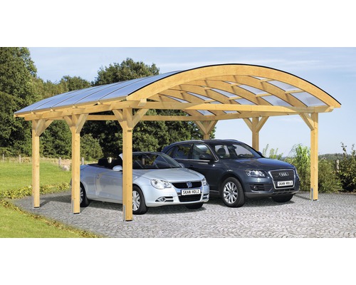 Carport pour deux véhicules avec toit incurvé SKAN HOLZ, 635x541 cm, nature Abri de voiture en bois avec toit transparent et deux voitures garées