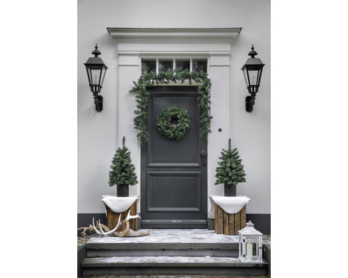 Espace d''entrée avec décorations de Noël : couronne de porte, guirlande, sapins de Noël, lanterne et bois de cerf