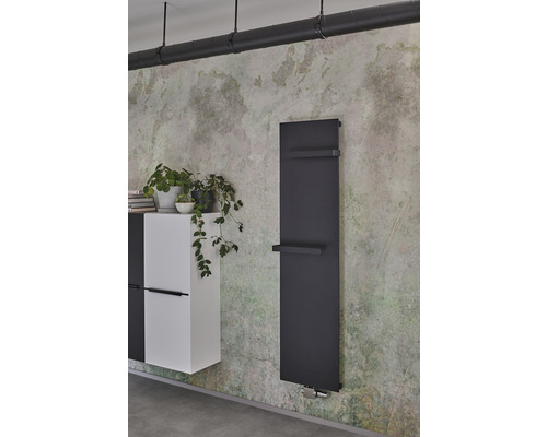 Radiateur de salle de bains étroit installé avec deux porte-serviettes dans la salle de bains