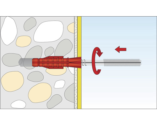 Illustration einer Dübelbefestigung in einer Wand mit Schraube und Drehbewegung