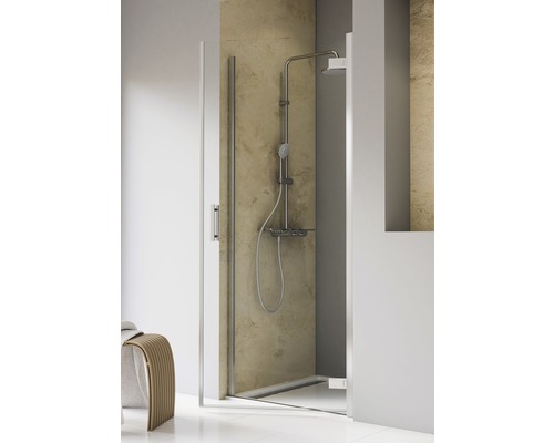 Porte de douche dans niche avec porte pivotante SCHULTE TouraPlus ExpressPlus 80 cm couleur du profilé chrome décor de vitre verre transparent avec verre antitache butée de porte à droite butée de paroi latérale à gauche poignée barre Douche à l''italienne avec robinetterie de douche et porte en verre