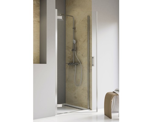 Porte de douche dans niche avec porte pivotante SCHULTE TouraPlus ExpressPlus 80 cm couleur du profilé chrome décor de vitre verre transparent avec verre antitache butée de porte à gauche poignée barre