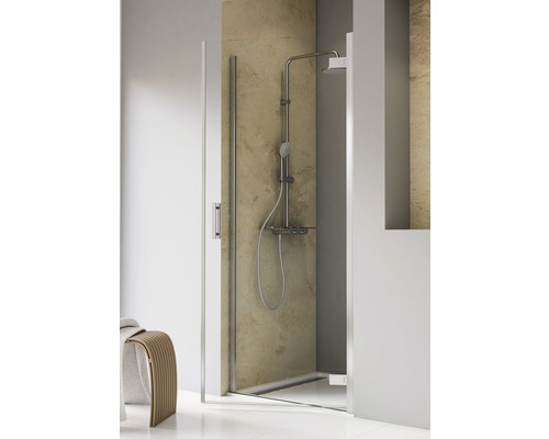 Porte de douche dans niche avec porte pivotante SCHULTE TouraPlus ExpressPlus 90 cm couleur du profilé chrome décor de vitre verre transparent avec verre antitache butée de porte à droite poignée barre Douche à l''italienne avec robinetterie de douche et caniveau d''évacuation