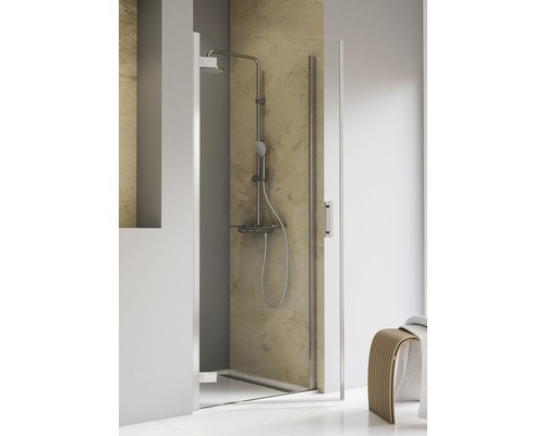 Porte de douche dans niche avec porte pivotante SCHULTE TouraPlus ExpressPlus 90 cm couleur du profilé chrome décor de vitre verre transparent avec verre antitache butée de porte à gauche poignée barre Douche avec porte en verre et robinetterie de douche