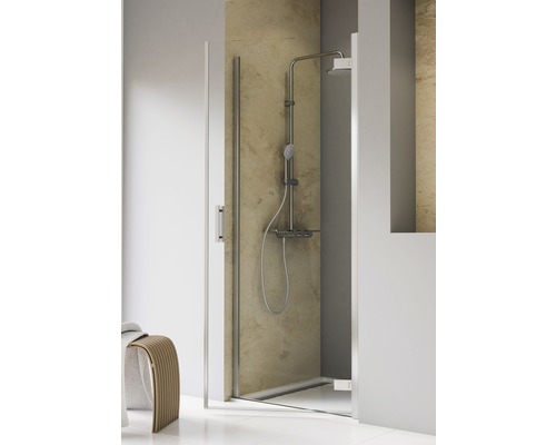 Porte de douche dans niche avec porte pivotante SCHULTE TouraPlus ExpressPlus 100 cm couleur du profilé chrome décor de vitre verre transparent avec verre antitache butée de porte à droite poignée barre Cabine de douche ouverte avec robinetterie de douche dans la salle de bains