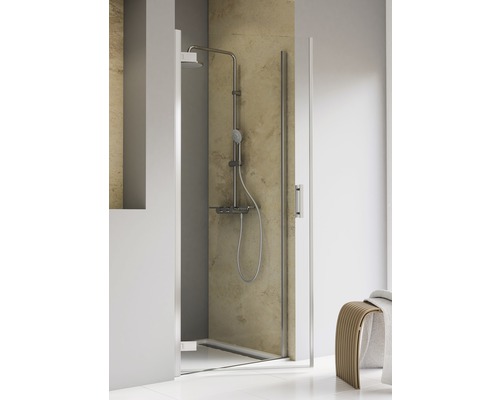 Porte de douche dans niche avec porte pivotante SCHULTE TouraPlus ExpressPlus 100 cm couleur du profilé chrome décor de vitre verre transparent avec verre antitache butée de porte à gauche poignée barre Cabine de douche avec douche de pluie et douchette à main dans la salle de bain